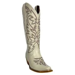 Bota Texana Feminina Vimar Bico Fino Couro Marfim C/ Bordado Sola Luchese-00 - R. 10230