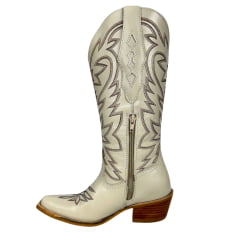 Bota Texana Feminina Vimar Bico Fino Couro Marfim C/ Bordado Sola Luchese-00 - R. 10230