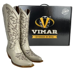 Bota Texana Feminina Vimar Bico Fino Couro Marfim C/ Bordado Sola Luchese-00 - R. 10230