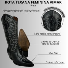 Bota Texana Feminina Vimar Bico Fino Couro Preto C/ Bordado Sola CPLAC-V002 - R. 10230