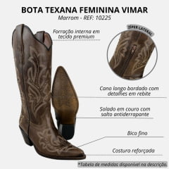 Bota Texana Feminina Vimar Bico Fino Fóssil Castanho Com Bordado Sola CPLAC Croco VR-25-V001 REF: 10225