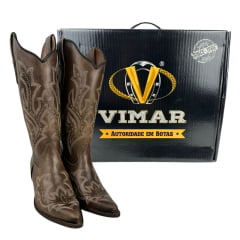 Bota Texana Feminina Vimar Bico Fino Fóssil Castanho Com Bordado Sola CPLAC Croco VR-25-V001 REF: 10225