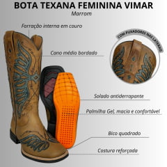 Bota Texana Feminina Vimar Bico Quadrado Couro Fóssil C/ Bordado Sola VTS-V013 F2 - R. 13234