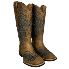 Bota Texana Feminina Vimar Bico Quadrado Couro Fóssil C/ Bordado Sola VTS-V013 F2 - R. 13234