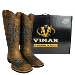 Bota Texana Feminina Vimar Bico Quadrado Couro Fóssil C/ Bordado Sola VTS-V013 F2 - R. 13234