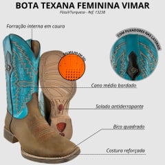 Bota Texana Feminina Vimar Couro Fóssil Turquesa Sola Magnum Ref: 13238