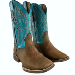 Bota Texana Feminina Vimar Couro Fóssil Turquesa Sola Magnum Ref: 13238