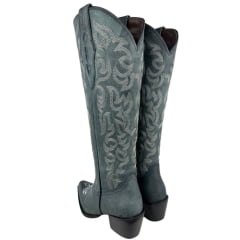 Bota Texana Feminina Vimar Bico Fino Cano Alto Couro Fóssil Azul Celeste Sola Luchese Ref:10294
