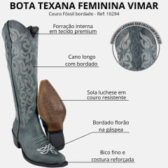 Bota Texana Feminina Vimar Bico Fino Cano Alto Couro Fóssil Azul Celeste Sola Luchese Ref:10294