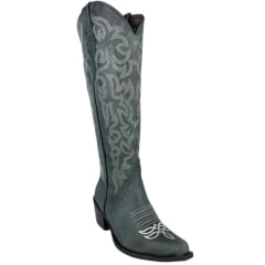 Bota Texana Feminina Vimar Bico Fino Cano Alto Couro Fóssil Azul Celeste Sola Luchese Ref:10294