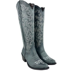 Bota Texana Feminina Vimar Bico Fino Cano Alto Couro Fóssil Azul Celeste Sola Luchese Ref:10294
