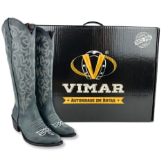 Bota Texana Feminina Vimar Bico Fino Cano Alto Couro Fóssil Azul Celeste Sola Luchese Ref:10294
