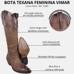 Bota Texana Feminina Vimar Bico Fino Cano Alto Couro Fóssil Sola Genova Café Ref:10269