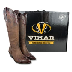 Bota Texana Feminina Vimar Bico Fino Cano Alto Couro Fóssil Sola Genova Café Ref:10269