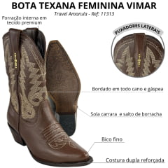 Bota Texana Feminina Vimar Bico Fino Couro Travel Amarula Bordado Bege Sola Carrara 00 Café Ref:11313