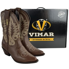 Bota Texana Feminina Vimar Bico Fino Couro Travel Amarula Bordado Bege Sola Carrara 00 Café Ref:11313