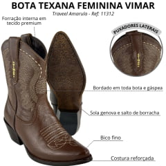 Bota Texana Feminina Vimar Bico Fino Traveel Amarula Bordado Creme Sola Genova Voo Café Ref:11312