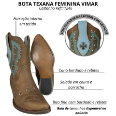 Bota Texana Feminina Vimar Bico Fino Cano Médio Couro Fóssil Castanho Bordado Azul E Tachinhas Sola Genova Ref:11246