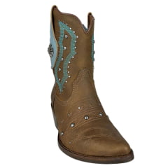 Bota Texana Feminina Vimar Bico Fino Cano Médio Couro Fóssil Castanho Bordado Azul E Tachinhas Sola Genova Ref:11246