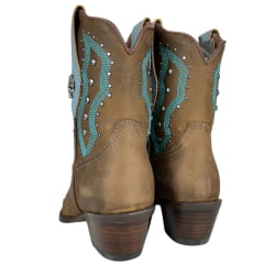 Bota Texana Feminina Vimar Bico Fino Cano Médio Couro Fóssil Castanho Bordado Azul E Tachinhas Sola Genova Ref:11246