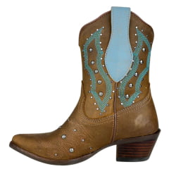 Bota Texana Feminina Vimar Bico Fino Cano Médio Couro Fóssil Castanho Bordado Azul E Tachinhas Sola Genova Ref:11246