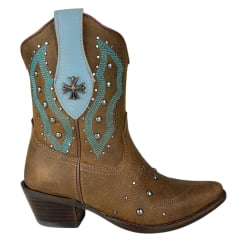 Bota Texana Feminina Vimar Bico Fino Cano Médio Couro Fóssil Castanho Bordado Azul E Tachinhas Sola Genova Ref:11246