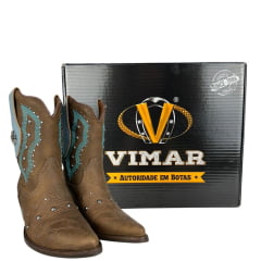 Bota Texana Feminina Vimar Bico Fino Cano Médio Couro Fóssil Castanho Bordado Azul E Tachinhas Sola Genova Ref:11246