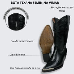 Bota Texana Feminina Vimar Bico Fino Cano Médio Couro Preto Genova Voo Ref. 11260