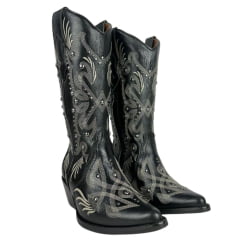 Bota Texana Feminina Vimar Bico Fino Couro Atlanta Preto Bordado Cru E Tachinhas Sola Genova VOO Ref:10247