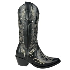 Bota Texana Feminina Vimar Bico Fino Couro Atlanta Preto Bordado Cru E Tachinhas Sola Genova VOO Ref:10247