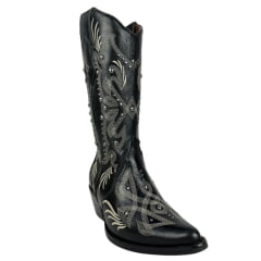 Bota Texana Feminina Vimar Bico Fino Couro Atlanta Preto Bordado Cru E Tachinhas Sola Genova VOO Ref:10247