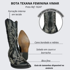 Bota Texana Feminina Vimar Bico Fino Couro Atlanta Preto Bordado Cru E Tachinhas Sola Genova VOO Ref:10247