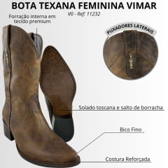 Bota Texana Feminina Vimar Bico Fino Couro Fóssil Castanho Cano Médio Sola Toscana Café V0 - Ref:11232