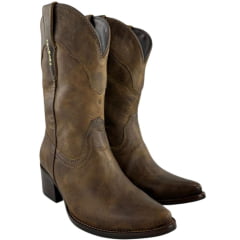 Bota Texana Feminina Vimar Bico Fino Couro Fóssil Castanho Cano Médio Sola Toscana Café V0 - Ref:11232