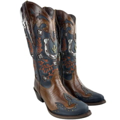 Bota Texana Feminina Vimar Bico Fino Couro Fóssil Marinho/Café Sola Vicenza Cano Bordado Ref: 10301