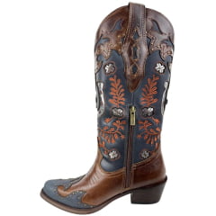 Bota Texana Feminina Vimar Bico Fino Couro Fóssil Marinho/Café Sola Vicenza Cano Bordado Ref: 10301