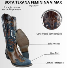 Bota Texana Feminina Vimar Bico Fino Couro Fóssil Marinho/Café Sola Vicenza Cano Bordado Ref: 10301
