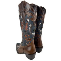 Bota Texana Feminina Vimar Bico Fino Couro Fóssil Marinho/Café Sola Vicenza Cano Bordado Ref: 10301