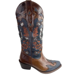 Bota Texana Feminina Vimar Bico Fino Couro Fóssil Marinho/Café Sola Vicenza Cano Bordado Ref: 10301