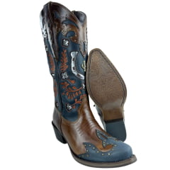 Bota Texana Feminina Vimar Bico Fino Couro Fóssil Marinho/Café Sola Vicenza Cano Bordado Ref: 10301