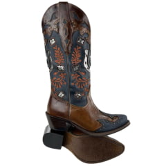 Bota Texana Feminina Vimar Bico Fino Couro Fóssil Marinho/Café Sola Vicenza Cano Bordado Ref: 10301