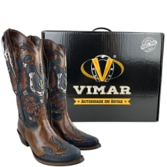 Bota Texana Feminina Vimar Bico Fino Couro Fóssil Marinho/Café Sola Vicenza Cano Bordado Ref: 10301
