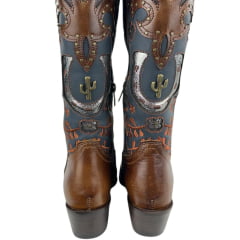 Bota Texana Feminina Vimar Bico Fino Couro Fóssil Marinho/Café Sola Vicenza Cano Bordado Ref: 10301