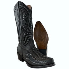 Bota Texana Feminina Vimar Bico Fino Couro Kzar/Fóssil Preto Sola Vicenza-00 Ref: 10240