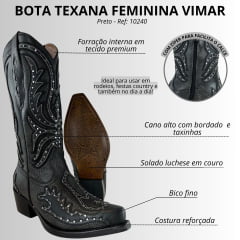 Bota Texana Feminina Vimar Bico Fino Couro Kzar/Fóssil Preto Sola Vicenza-00 Ref: 10240