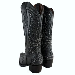 Bota Texana Feminina Vimar Bico Fino Couro Kzar/Fóssil Preto Sola Vicenza-00 Ref: 10240