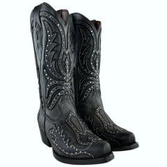 Bota Texana Feminina Vimar Bico Fino Couro Kzar/Fóssil Preto Sola Vicenza-00 Ref: 10240