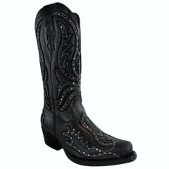 Bota Texana Feminina Vimar Bico Fino Couro Kzar/Fóssil Preto Sola Vicenza-00 Ref: 10240