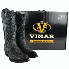 Bota Texana Feminina Vimar Bico Fino Couro Kzar/Fóssil Preto Sola Vicenza-00 Ref: 10240