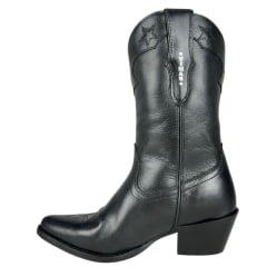Bota Texana Feminina Vimar Bico Fino Couro Mustang Preto Com Bordado Florão Estrelas Sola Genova Ref:11260